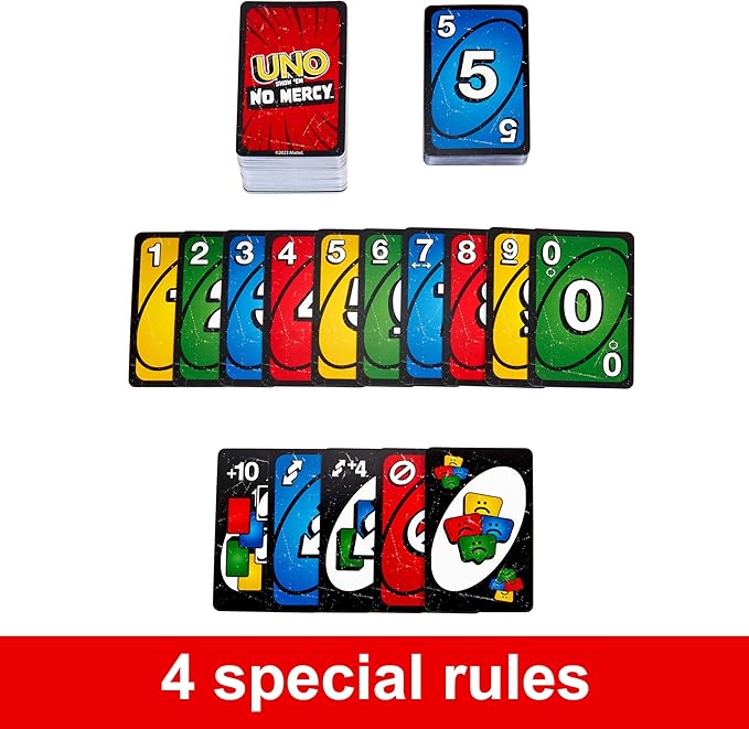 Mattel Games UNO Show ?em No Mercy Card Game for Kids, Adults & Family Parties and Travel With Extra Cards, Special Rules and Tougher Penalties