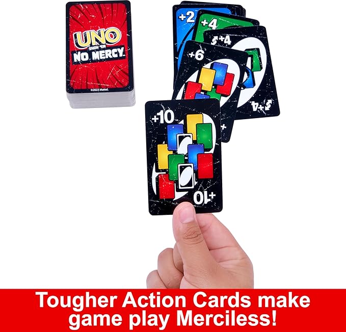 Mattel Games UNO Show ?em No Mercy Card Game for Kids, Adults & Family Parties and Travel With Extra Cards, Special Rules and Tougher Penalties